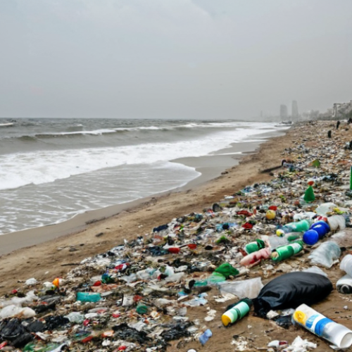 Home 4 **A polluted Karachi beach:** Show a wide scene of Clifton Beach in Karachi, Pakistan. It is covered in plastic waste, including bottles, bags, and other trash. The sky is slightly overcast. Capture a sense of sadness and environmental damage.