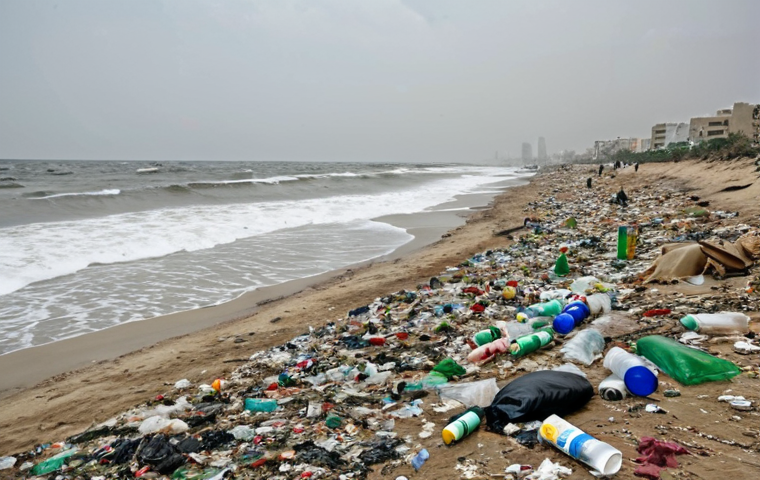 **A polluted Karachi beach:** Show a wide scene of Clifton Beach in Karachi, Pakistan. It is covered in plastic waste, including bottles, bags, and other trash. The sky is slightly overcast. Capture a sense of sadness and environmental damage.