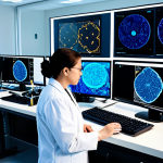 A diverse group of professional marine scientists, both male and female, in clean lab coats and modest attire, intently working in a state-of-the-art laboratory. They are surrounded by advanced scientific equipment like microscopes, DNA sequencing machines, and biosensor devices, with data visualizations on large screens in the background. The lab is brightly lit and futuristic, emphasizing precision and innovation. Perfect anatomy, correct proportions, natural poses, well-formed hands, proper finger count. safe for work, appropriate content, fully clothed, professional photography, high quality, family-friendly.