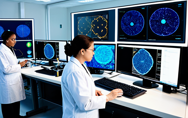 A diverse group of professional marine scientists, both male and female, in clean lab coats and modest attire, intently working in a state-of-the-art laboratory. They are surrounded by advanced scientific equipment like microscopes, DNA sequencing machines, and biosensor devices, with data visualizations on large screens in the background. The lab is brightly lit and futuristic, emphasizing precision and innovation. Perfect anatomy, correct proportions, natural poses, well-formed hands, proper finger count. safe for work, appropriate content, fully clothed, professional photography, high quality, family-friendly.