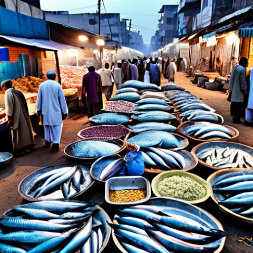 Home 23 **
"A bustling Karachi fish market at dawn, vibrant colors, overflowing with fresh catch, vendors in traditional Shalwar Kameez, safe for work, appropriate content, fully clothed, professional, perfect anatomy, natural proportions, high quality"
**