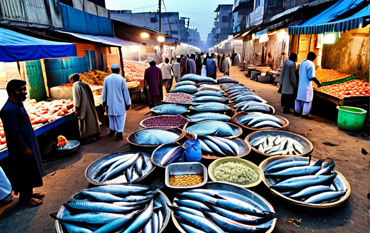 **
"A bustling Karachi fish market at dawn, vibrant colors, overflowing with fresh catch, vendors in traditional Shalwar Kameez, safe for work, appropriate content, fully clothed, professional, perfect anatomy, natural proportions, high quality"
**