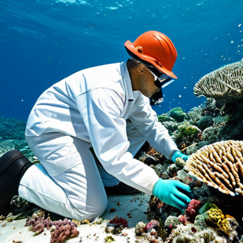 Home 22 **
A professional marine biologist, fully clothed in appropriate field attire, examining coral bleaching on a degraded coral reef. The background shows polluted ocean water with plastic debris. Safe for work, appropriate content, modest, perfect anatomy, correct proportions, natural pose, high quality photography.
**