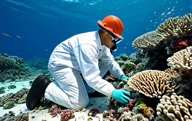 **
A professional marine biologist, fully clothed in appropriate field attire, examining coral bleaching on a degraded coral reef. The background shows polluted ocean water with plastic debris. Safe for work, appropriate content, modest, perfect anatomy, correct proportions, natural pose, high quality photography.
**