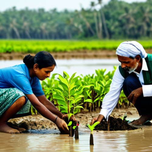 Home 9 **
"Local villagers in Bangladesh planting mangrove seedlings along a muddy coastline, appropriate attire, fully clothed, safe for work, focused on environmental conservation, community involvement, perfect anatomy, natural proportions, professional photography, high quality, modest clothing, family-friendly scene, environmental awareness."
**
