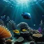 심해 미생물과 생태적 기능 - **"A breathtaking, mysterious underwater scene in the deepest ocean trench, where no sunlight reache...
