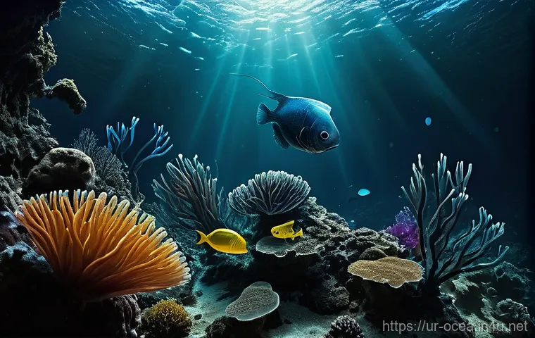 심해 미생물과 생태적 기능 - **"A breathtaking, mysterious underwater scene in the deepest ocean trench, where no sunlight reache...