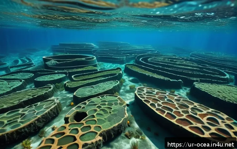 바이오리메디에이션과 해양 환경 - A detailed underwater scene showing diverse marine microorganisms such as Pseudomonas and Bacteroide...