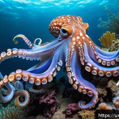 Home 30 해양 생물의 신경 생리학 - A highly detailed underwater scene featuring an intelligent octopus with large, complex neurons visi...