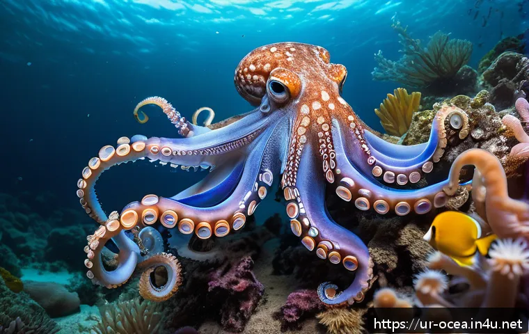 해양 생물의 신경 생리학 - A highly detailed underwater scene featuring an intelligent octopus with large, complex neurons visi...