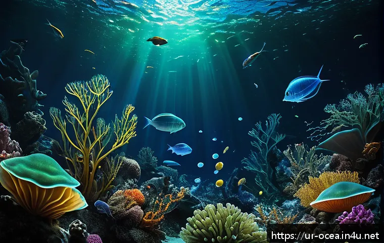 심해 환경에서의 생물 생존 전략 - A mesmerizing deep-sea scene depicting diverse bioluminescent marine creatures illuminating the dark...