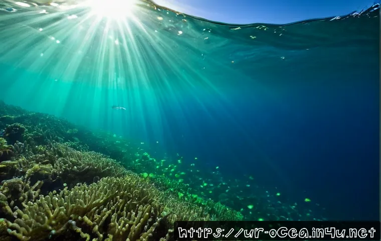 Home 17 플랑크톤의 탄소순환 기여도 - Photorealistic underwater macro scene of glowing green phytoplankton drifting through clear Arabian ...