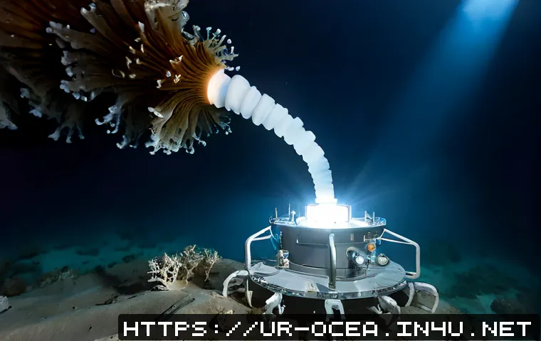 심해 탐사 기술과 생물 연구 - Photorealistic deep-sea exploration scene, a compact remotely operated vehicle hovering above a hydr...