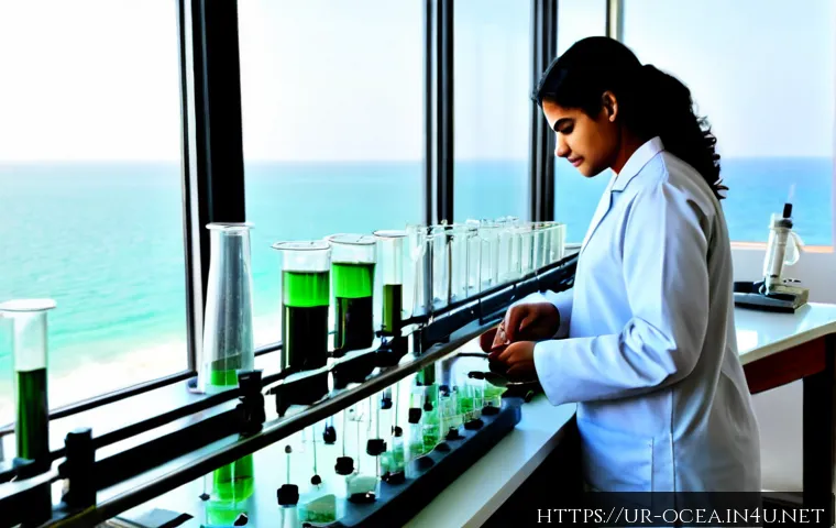 Home 17 해양 광합성 미생물 활용 - Photorealistic coastal biotechnology laboratory in Karachi, Pakistan, Pakistani scientists in modest...